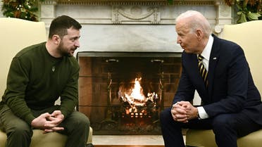 US President Joe Biden and Ukraine’s President Volodymyr Zelenskyy meet in the Oval Office of the White House, in Washington, DC on December 21, 2022. (AFP)