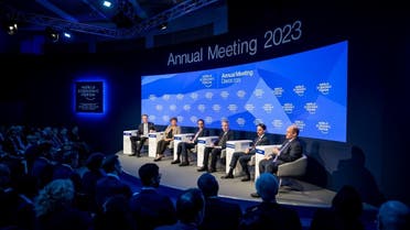(From L) WEF president Borge Brende, International Monetary Fund (IM) Managing Director Kristalina Georgieva, Qatar's Foreign Minister Mohammed bin Abdulrahman Al Thani, Finland's Foreign minister Pekka Haavisto, Saudi Foreign Minister Prince Faisal bin Farhan and US Democratic Senator from Delaware Chris Coons attend a session at the World Economic Forum (WEF) annual meeting in Davos on January 17, 2023. (Photo by Fabrice COFFRINI / AFP)