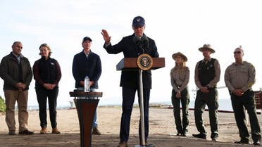 U.S. President Joe Biden delivers remarks while California's Governor Gavin Newsom looks on, as he visits a storm-damaged area in Seacliff State Park, California, U.S., January 19, 2023. REUTERS/Leah Mills
