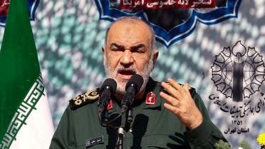 Head of Iran’s Islamic Revolutionary Guard Corps (IRGC) Hossein Salami delivers a speech during a rally outside the former US embassy in the capital Tehran on November 4, 2021. (AFP)
