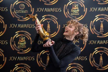 Spanish actress Esther Acebo poses with her award at the Joy Awards in Riyadh, Saudi Arabia. (Supplied)