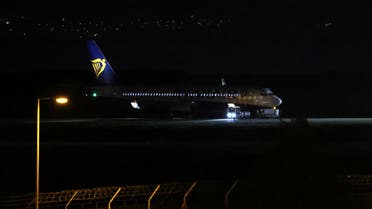 A Ryanair plane is seen on the runway, after landing at Athens' International Eleftherios Venizelos airport, following a bomb threat in midair, on the outskirts of Athens, Greece, January 22, 2023. (Reuters)