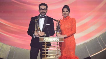 Egyptian actors Ahmed Helmy and Mona Zaki give a speech at the Joy Awards in Riyadh, Saudi Arabia. (Supplied)