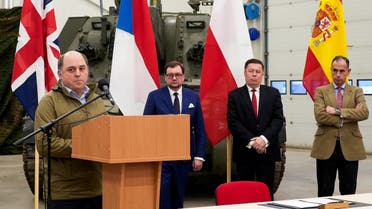 British Secretary of State for Defense Ben Wallace speaks during a news conference with Baltic defence ministers and representatives from other NATO members in Tapa Army Base, Estonia, on January 19, 2023. (Reuters)