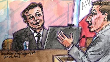 Tesla CEO Elon Musk is questioned by his attorney Alex Spiro during a securities-fraud trial at federal court in San Francisco, California, US, on January 24, 2023, in this courtroom sketch. (Reuters)