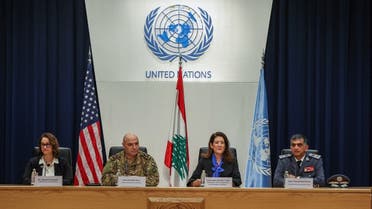 UNDP official Melanie Hauenstein, Lebanon's Army Gen. Joseph Aoun, US Ambassador to Lebanon Dorothy Shea and Internal Security Forces chief Maj. Gen. Imad Osman at the UN headquarters in Beirut, January 25, 2023. (Reuters)