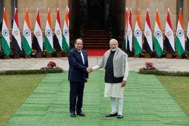 Egyptian President Abdel Fattah El Sisi shakes hands with Indian Prime Minister Narendra Modi before their meeting at the Hyderabad House in New Delhi, India, January 25, 2023. (Reuters)