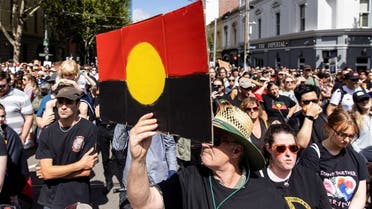 People participate in the 'Invasion Day' rally in Melbourne, January 26, 2023. AAP Image/Diego Fedele via REUTERS ATTENTION EDITORS - THIS IMAGE WAS PROVIDED BY A THIRD PARTY. NO RESALES. NO ARCHIVE. AUSTRALIA OUT. NEW ZEALAND OUT