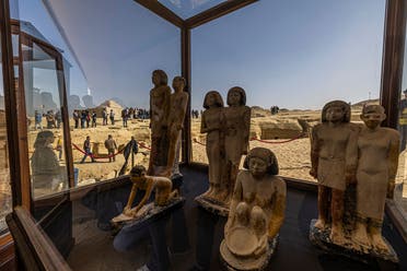 A collection of pharaoh statues is on display during a press conference at the Saqqara necropolis, where a gold-laced mummy and four tombs including of an ancient king’s “secret keeper” were discovered, south of Cairo on January 26, 2023. (AFP)