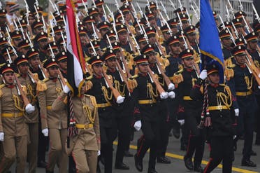 Egypt's Armed Forces march past during India’s 74th Republic Day parade in New Delhi on January 26, 2023. (AFP)