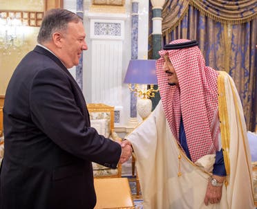 Saudi Arabia's King Salman bin Abdulaziz shakes hands with former US Secretary of State Mike Pompeo in Riyadh, Saudi Arabia February 20, 2020. (Reuters)