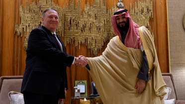 Former US Secretary of State Mike Pompeo shakes hands with Saudi Arabia's Crown Prince Mohammed bin Salman at Irqah Palace in Riyadh, Saudi Arabia February 20, 2020. (Reuters)