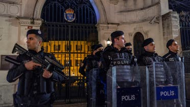 Riot police officers secure the entrance of the Consulate General of Sweden during a demonstration in Istanbul, Turkey, January 21, 2023. (Reuters)