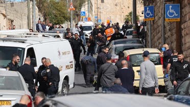 Israeli security forces and rescuers gather in Jerusalem’s predominantly Arab neighbourhood of Silwan, where an assailant reportedly shot and wounded two people, on January 28, 2023. (AFP)