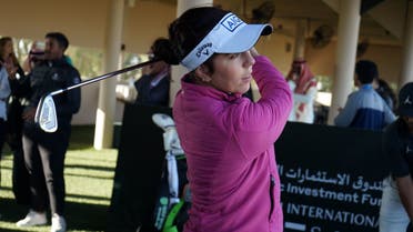 Georgia Hall hits a shot at the driving range at Riyadh Golf Club during a press event on January 29, 2022. (Al Arabiya English/Marco Ferrari)