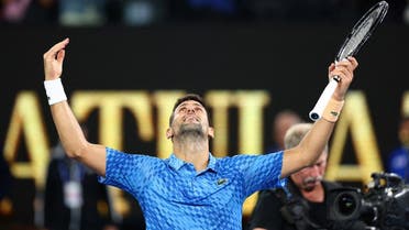 Serbia’s Novak Djokovic celebrates winning his Australian Open  Men's Singles Final against Greece’s Stefanos Tsitsipas, at Melbourne Park, Melbourne, Australia, on -January 29, 2023  (Reuters)
