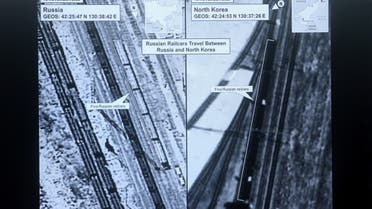 A pair of satellite images released by the White House showing Russian railcars traveling between Russia and North Korea, are displayed during a press briefing at the White House in Washington, US, January 20, 2023. (Reuters)