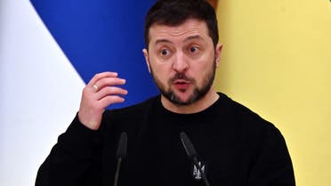 Ukrainian President Volodymyr Zelensky gestures as he speaks during a joint press conference with his Finnish counterpart following their talks in Kyiv, on January 24, 2023, amid Russia's military invasion on Ukraine. (AFP)