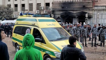 An ambulance leaves al-Noor al-Mohammadi charitable hospital after a fire broke out, in Cairo on February 1, 2023. (AFP)