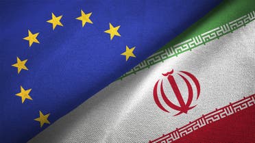 Iran and European Union two flags together realations textile cloth fabric texture stock photo