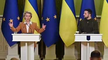 Ukrainian President Volodymyr Zelenskyy and President of the European Commission Ursula von der Leyen give a joint press conference after talks in Kyiv on February 2, 2023. (AFP)