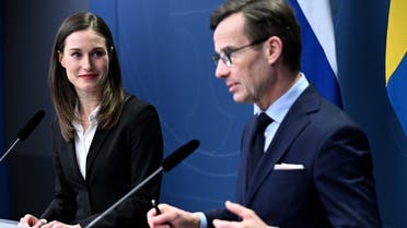 Finland’s Prime Minister Sanna Marin and Sweden’s Prime Minister Ulf Kristersson hold a joint news conference at the government headquarters Rosenbad as they meet in Stockholm, Sweden, on February 2, 2023. (Reuters)