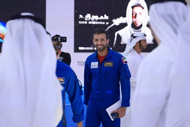 UAE astronaut Sultan AlNeyadi arrives to give a press conference at the Museum of the Future in the Gulf emirate of Dubai, on February 2, 2023. (AFP)
