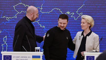Ukrainian President Volodymyr Zelenskyy (C), European Commission President European Commission Ursula von der Leyen (R) and European Council President Charles Michel (L) leave at the end of a joint press conference during an EU-Ukraine summit in Kyiv on February 3, 2023. (AFP)