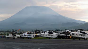 United Nations (UN) helicopters wait on the runway at Goma airport against the backdrop of the active volcano, Mount Nyiaragongo October 29, 2012. (File photo: Reuters)
