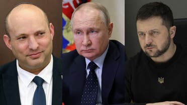 Combination of Reuters photos. Israel's former prime minister Naftali Bennett (left), Russian President Vladimir Putin (center), and Ukrainian President Volodymyr Zelenskyy (right). 
