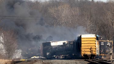 Smoke rises from a derailed cargo train in East Palestine, Ohio, on February 4, 2023. (AFP)