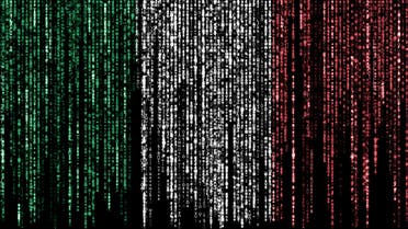 Internet and network security. Computer with binary computer code and Italian flag on the screen. Italian hacker. stock photo