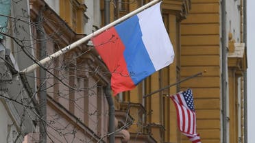A Russian flag flies next to the US embassy building in Moscow on April 15, 2021. (AFP)