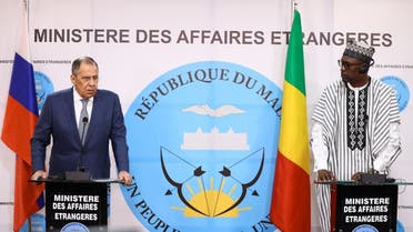 Russian Foreign Minister Sergei Lavrov and Malian Foreign Minister Abdoulaye Diop hold a joint press conference following their talks in Bamako on February 7, 2023. (Handout/Russian Foreign Ministry/AFP)