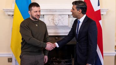 British Prime Minister Rishi Sunak hosts the Ukrainian President, Volodymyr Zelensky at number 10 Downing Street on February 8, 2023, in London, England, Britain. (Reuters)