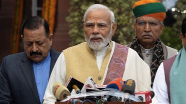 India's Prime Minister Narendra Modi speaks with the media inside the parliament premises upon his arrival on the first day of the budget session in New Delhi, India, January 31, 2023. (Reuters)
