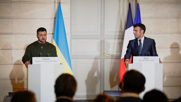 French President Emmanuel Macron and Ukraine's President Volodymyr Zelenskiy attend a joint statement with German Chancellor Olaf Scholz at the Elysee Palace in Paris, France, February 8, 2023. (Reuters)
