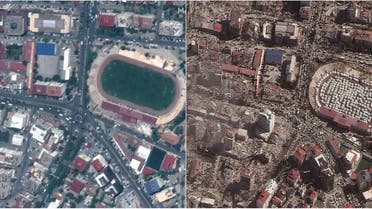 Satellite images show destroyed buildings and emergency shelters in a stadium after an earthquake in Kahramanmaras, Turkey, February 8, 2023. Satellite image ©2023 Maxar Technologies Handout. (Reuters)