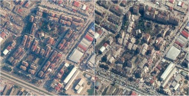 Satellite images show buildings before (left) and after (right) an earthquake in Antakya, Turkey, December 22, 2022. Satellite image ©2023 Maxar Technologies Handout. (Reuters)