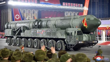 A missile is displayed during a military parade to mark the 75th founding anniversary of North Korea's army, at Kim Il Sung Square in Pyongyang, North Korea February 8, 2023, in this photo released by North Korea's Korean Central News Agency (KCNA). 
