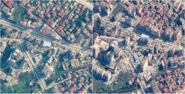 Satellite images show buildings before (left) and after (right) an earthquake in Antakya, Turkey, December 22, 2022. Satellite image ©2023 Maxar Technologies Handout. (Reuters)