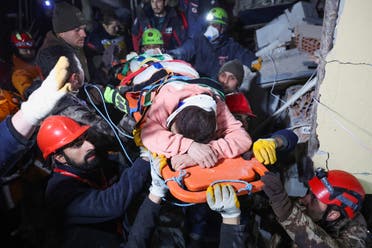 Hulya Kabakulak is carried after being rescued after 90 hours, as the search for survivors continues, in the aftermath of a deadly earthquake in Hatay, Turkey, February 9, 2023. REUTERS/Umit Bektas