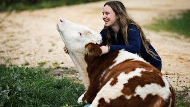A volunteer hugs Nir, a cow fitted with prosthetic leg at Freedom Farm, which serves as a refuge for mostly disabled animals in Moshav Olesh, Israel March 7, 2019. (File photo: Reuters)