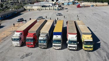 This aerial view shows a United Nations aid convoy that entered opposition-held northwestern Syria from Turkey through the Bab el-Hawa crossing on February 9, 2023, the first since a devastating earthquake that killed thousands. (AFP)