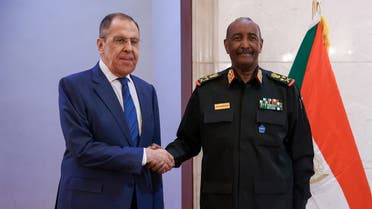 Russian Foreign Minister Sergei Lavrov meets with Sudan's army chief Abdel Fattah al-Burhan in Khartoum on February 9, 2023. (Russian Foreign Ministry/AFP)