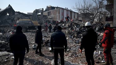 Rescue teams carry out search operations amid the rubble of collapsed buildings at Elbistan district of Kahramanmaras on February 11, 2023, five days after a 7.8-magnitude earthquake struck the country’s southeast earlier in the week. (AFP)