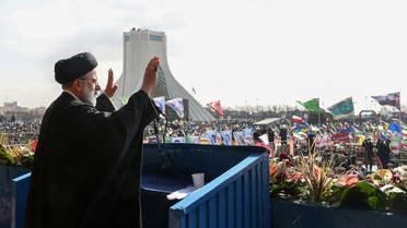Iranian President Ebrahim Raisi waves during the 44th anniversary of the Islamic Revolution in Tehran, Iran, February 11, 2023. President Website/WANA (West Asia News Agency)/Handout via REUTERS. ATTENTION EDITORS - THIS PICTURE WAS PROVIDED BY A THIRD PARTY.