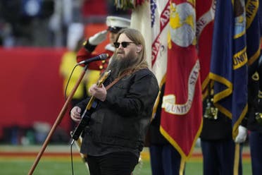 Chris Stapleton sings the national anthem before the NFL Super Bowl 57 football game between the Kansas City Chiefs and the Philadelphia Eagles, Sunday, Feb. 12, 2023, in Glendale, Ariz. (AP)