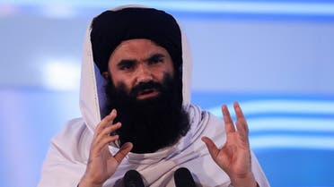 Afghan Taliban’s Interior Minister Sirajuddin Haqqani speaks during the anniversary event of the departure of the Soviet Union from Afghanistan, in Kabul, Afghanistan, on April 28, 2022. (Reuters)