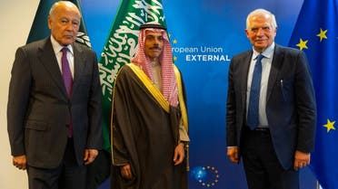 Arab League chief Ahmed Aboul Gheit (L), Saudi Arabia’s Foreign Minister Prince Faisal bin Farhan and European Union foreign policy chief Josep Borrell met in Brussels. (Twitter)